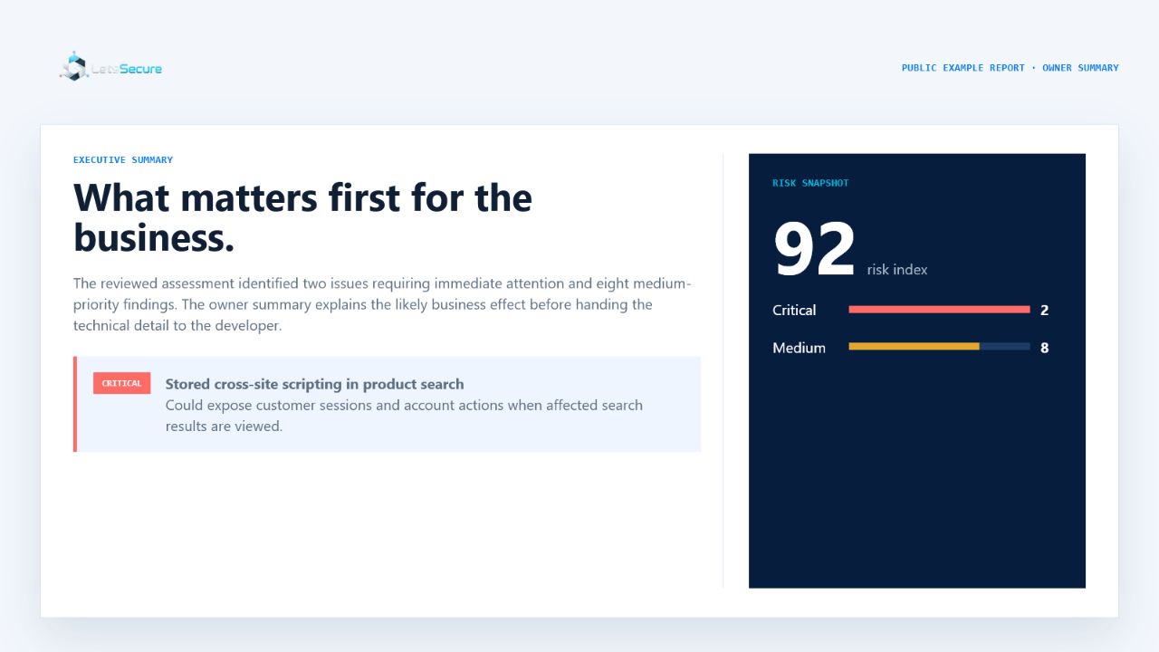 Owner summary excerpt from a LetsSecure example security report