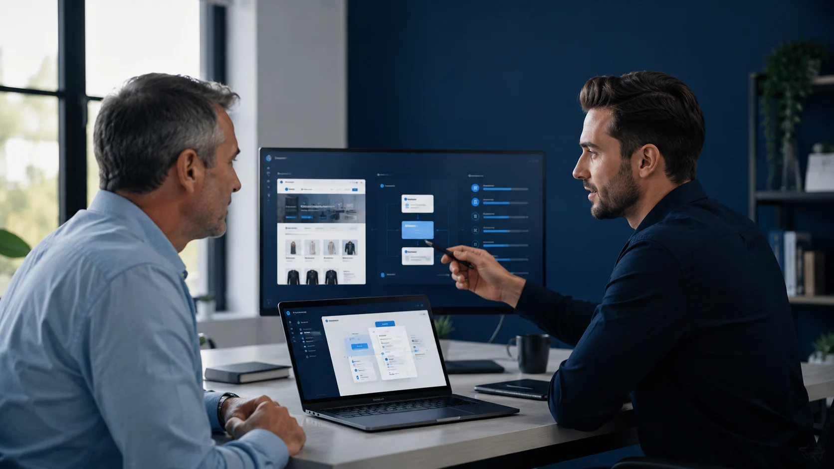 A small-business owner reviewing a website security assessment with a LetsSecure testing specialist